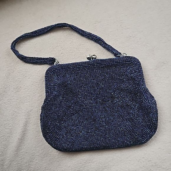 Vintage beaded wristlet clutch in irridescent indigo w crystal clasp - Picture 6 of 7